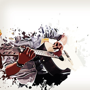 Abstract Guitarist in the foreground. Close up, Watercolor paint