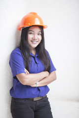 Portrait of beautiful  engineer on white background.