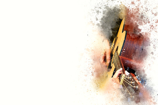 Abstract beautiful man playing Guitarist music Watercolor painting background and Digital illustration brush to art.