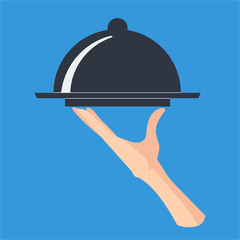 Hand holding a platter for serving food with closed lid, isolated vector on blue background