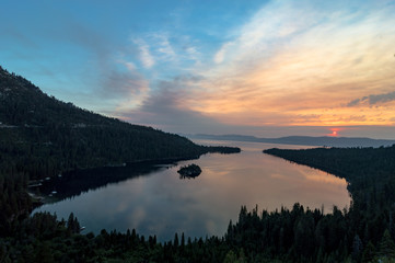 sunrise over emerald bay in lake tahoe