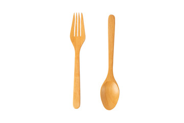 top view wooden spoon and fork on a white background