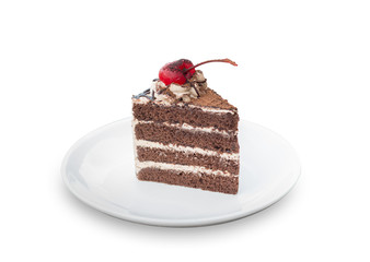 chocolate cake with cherry topping isolated on white background (clipping path)
