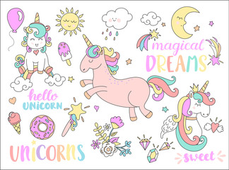 Vector set with stickers, pins, patches and some lettering in cartoon 80s-90s comic style.