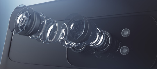 Disassembled smartphone camera, equipment concept