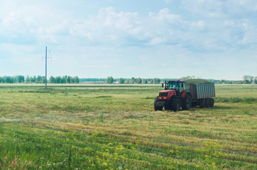 Fototapeta premium Modern tractor with trailer driven by the harvest from the field.
