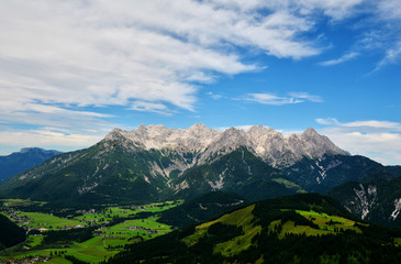 Fototapeta premium Loferer Steinberge - Mitterhorn mountain seen from Jakobskreuz Cross in Sankt Ulrich am Pillersee, Austria