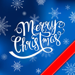 Merry Christmas hand drawn lettering over winter background vector illustration.