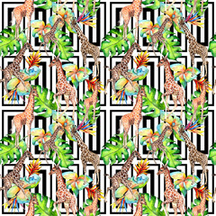 Exotic giraffe wild animal pattern in a watercolor style. Full name of the animal: camelopard. Aquarelle wild animal for background, texture, wrapper pattern or tattoo.