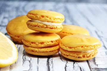 Sweet and colourful french macaroons or macaron with lemon