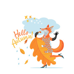 Color cartoon drawing - cute wild fox female celebrate coming of autumn - sings and dances on background of text - Hello, Autumn, birds, cloud and falling yellow leaves. Vector isolated illustration.