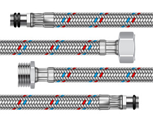 Set of different water fittings with segments of braided hose. 3d realistic illustration. - 170976845