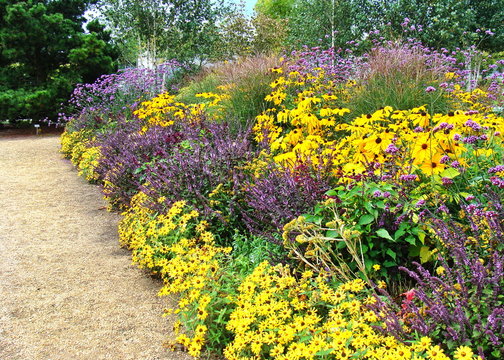 gro&szlig;es Blumenbeet mit blauen lila und gelben Stauden im Sommer