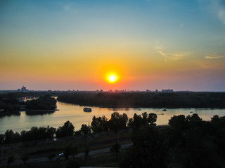 Sunset view from Kalemegdan Park and confluence of the rivers Danube and Sava below (Belgrade, Serbia)