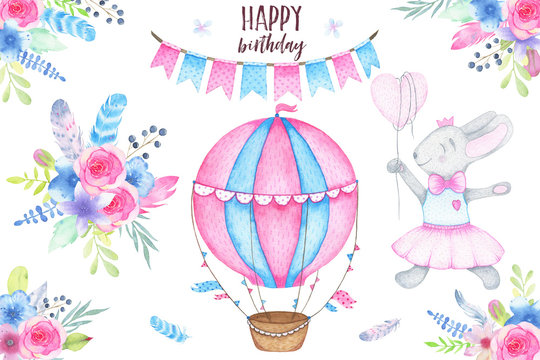 Watercolor happy birthday party set with bunny air balloon garland and flowers bouquets feathers