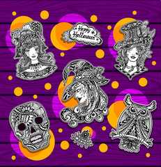 Set creative stickers for coloring on Halloween with witches owl skull black and white or for banners