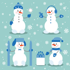 Snowmen, vector collection. Christmas or new year card. Flat, cartoon.