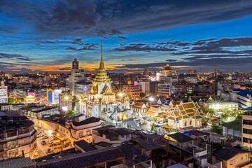 Wat Traimit , Traimitr temple of the Golden Buddha at twilight in Bangkok, Thailand