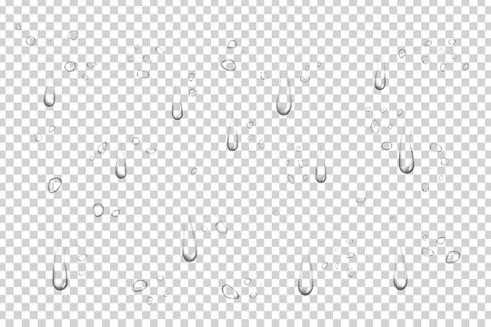 Vector set of realistic isolated water droplets on the transparent background.