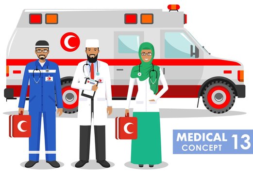 Medical concept. Detailed illustration of muslim paramedic man, emergency doctor, nurse and ambulance car in flat style on white background. Vector illustration.