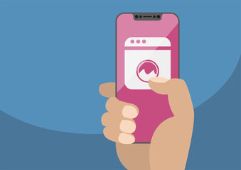 Smart home automation concept with hand holding bezel-less smartphone. Vector illustration with washing machine icon on frameless touchscreen