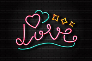 Vector realistic isolated erotic neon sign of love lettering and hearts for decoration and covering on the wall background.