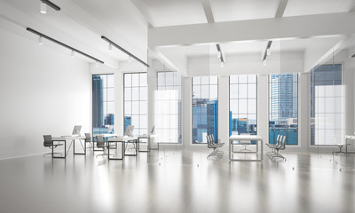 Office interior design in whire color and rays of light from window