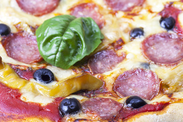 Nahaufnahme einer Pizza mit einem Blatt Basilikum