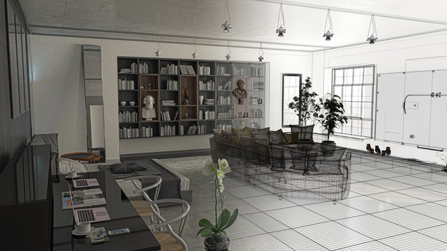 Camera da letto con libreria, sala e divano openspace, lusso, illustrazione 3d, rendering 3d