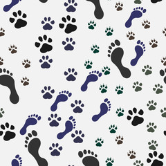 Seamless background with footprint of cat and dog and man. Vector illustration.
