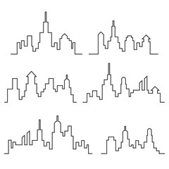City skylines, cityscape set, outlined, black isolated on white background, vector illustration.