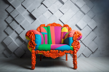 Concept of luxury and success with multi colored velvet armchair, royal place.