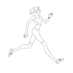 Fototapeta na wymiar Young woman athlete jogging. Running female. Vector illustration. Coloring for adults. 
