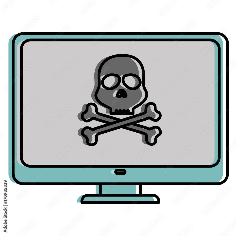 Poster computer display with skull virus alert vector illustration design