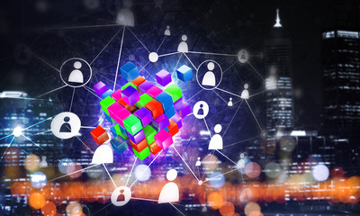 Concept of Internet and networking with digital cube figure on dark background