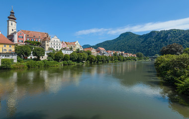 Fototapeta na wymiar Old architecture of Frohnleiten-small city above Mur river, Stiria, Austria.
