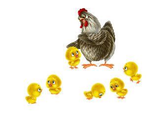 Variegated hen fosters yellow fluffy chicks.