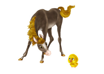 A big beautiful foal talking to a little yellow chicken