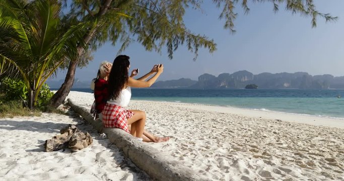 Girl Group Taking Photo Of Beach Landscape On Cell Smart Phone, Young Women On Holiday Slow Motion 60