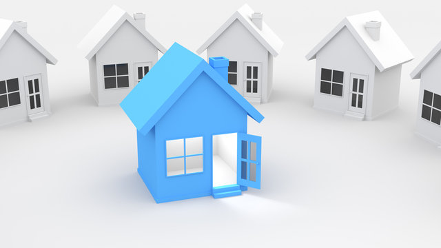 White paper houses stand around a blue house with square window, open door, and bright lighting inside, on white background. 3D Rendering.