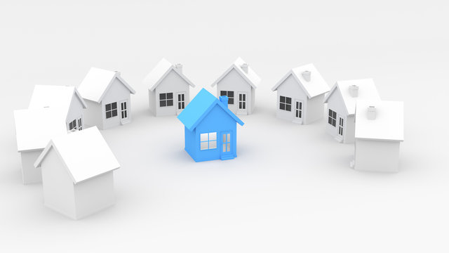 White paper houses stand around a blue house with square window, door, and lighting inside, on white background. 3D Rendering.