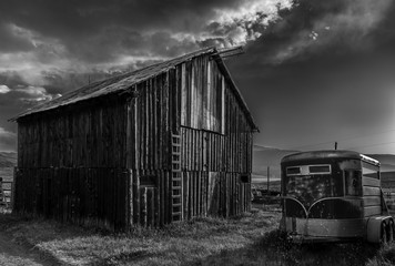 Old Barn and Horse Trailer in Black and White