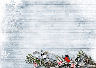 Winter background with branches, berries and bullfinch, with copy-space