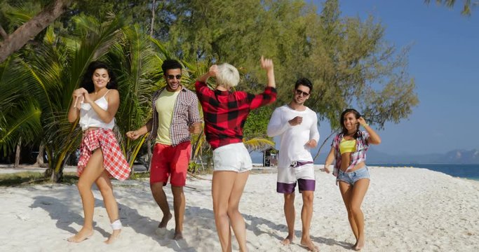 Cheerful People Dancing On Beach, Mix Race Men and Women Having Fun Friends Together On Vacation Slow Motion 60