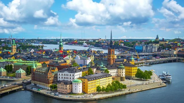 Time lapse of Stockholm, Sweden on a summers day. Aerial view of the island Riddarholmen and the old town.