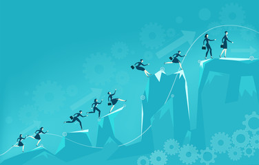 Fototapeta na wymiar Lots of young business woman running and jumping over the mountains peaks on the way to the best professional position. Business concept illustration.
