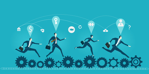 Obraz premium Young business people running over the rolling gears, competition for the best professional position. Business concept illustration.