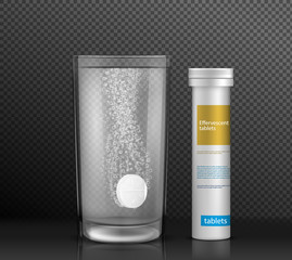 Effervescent round tablet dissolving with bubbles in glass of water standing on glossy surface near pill cylinder container with brand information realistic vector isolated on transparent background.