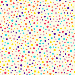 Memphis style polka dots seamless pattern on milk background. Captivating modern memphis polka dots creative pattern. Bright scattered confetti fall chaotic decor. Vector illustration.