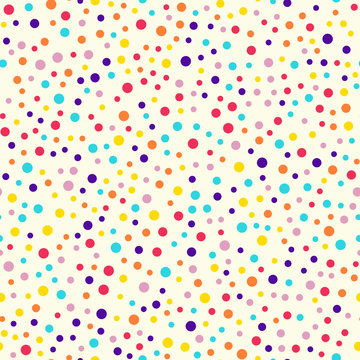 Memphis style polka dots seamless pattern on milk background. Captivating modern memphis polka dots creative pattern. Bright scattered confetti fall chaotic decor. Vector illustration.